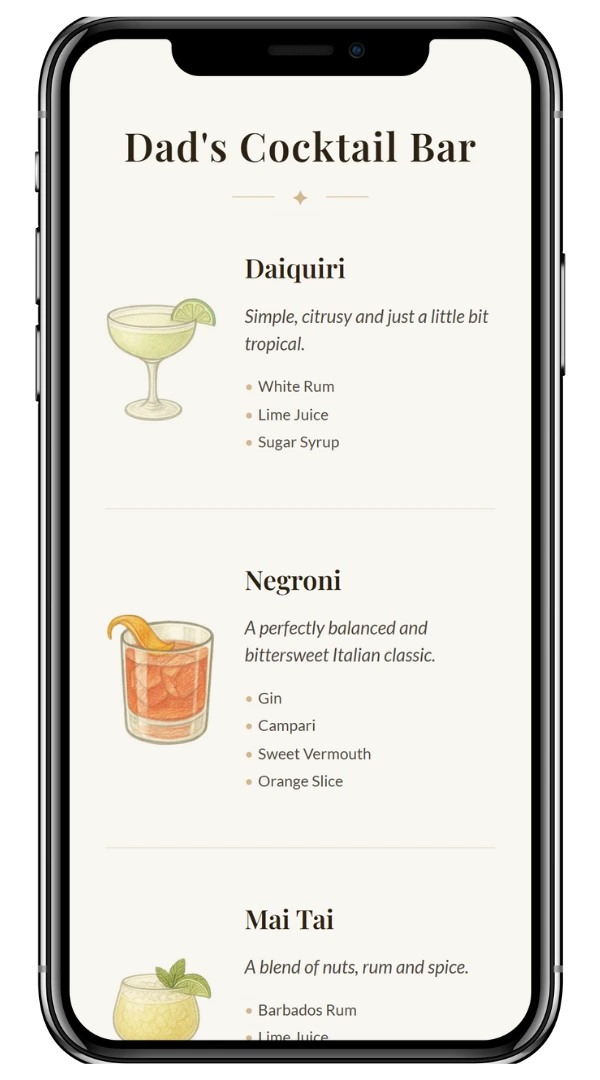 Interactive cocktail menu displayed on smartphone screen Mobile phone displaying a digital cocktail bar menu - MyBarMenu app preview